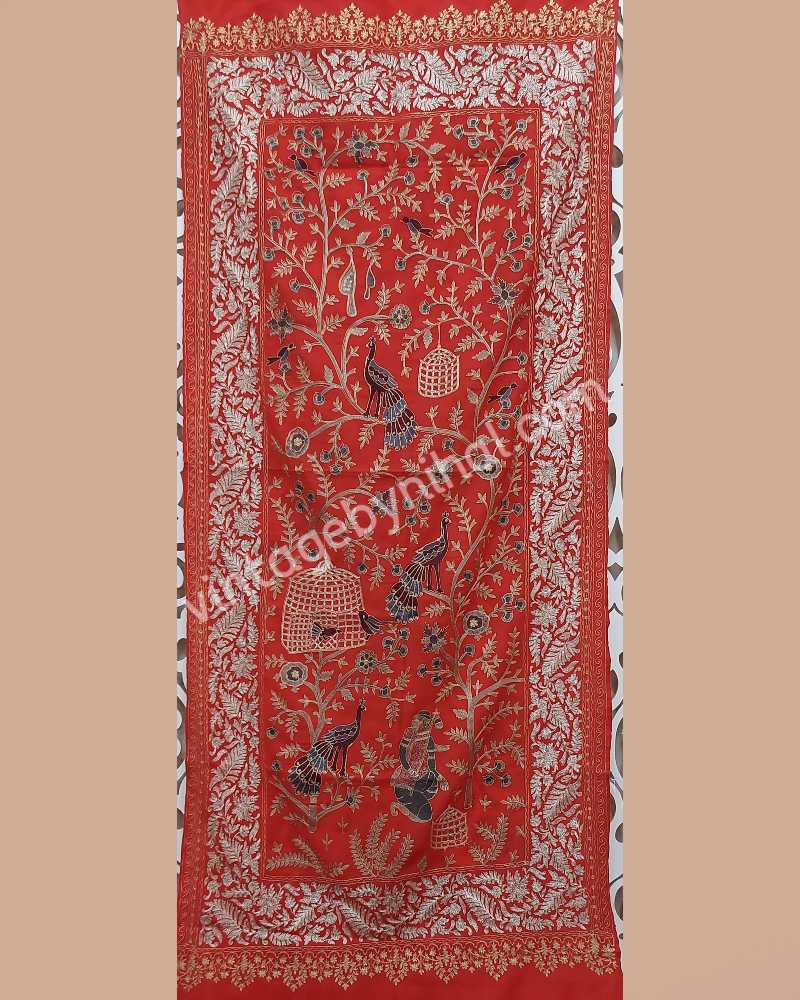 Red Pashmina Full Zari Work Shawl with Peacock Motif